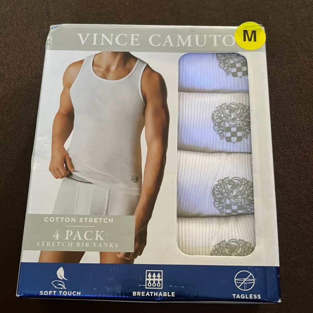 VINCE CAMUTO MEN’S WHITE SOFT STRETCH TAGLESS TANK TOPS (4 pack) Size M!